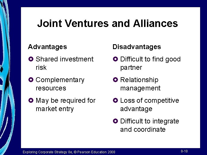 Joint Ventures and Alliances Advantages Disadvantages £ Shared investment risk £ Difficult to find