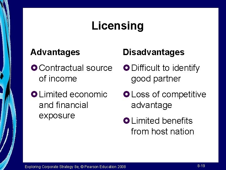 Licensing Advantages Disadvantages £ Contractual source of income £ Difficult to identify good partner