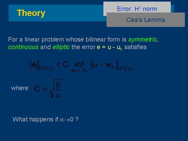 Theory Error: H 1 norm Cea’s Lemma For a linear problem whose bilinear form