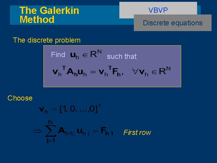 The Galerkin Method VBVP Discrete equations The discrete problem Find such that Choose First