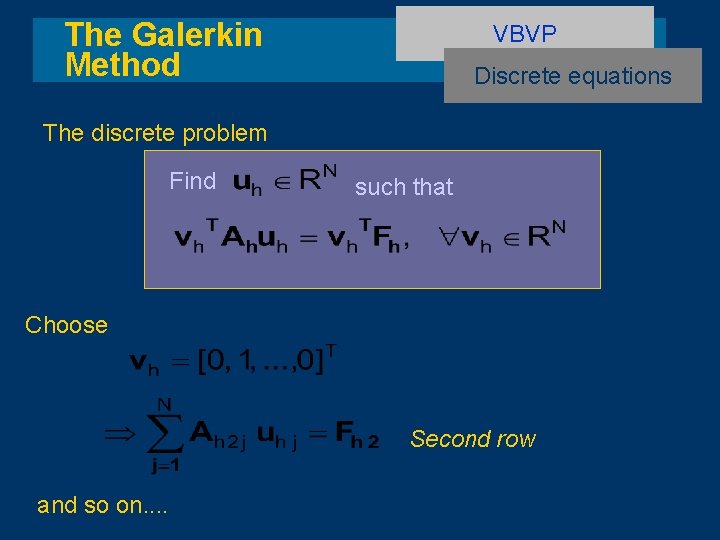 The Galerkin Method VBVP Discrete equations The discrete problem Find such that Choose Second