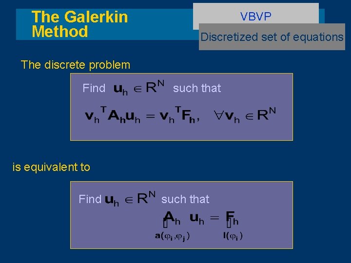 The Galerkin Method VBVP Discretized set of equations The discrete problem Find such that