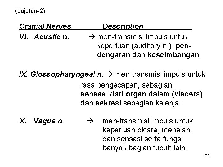 (Lajutan-2) Cranial Nerves VI. Acustic n. Description men-transmisi impuls untuk keperluan (auditory n. )