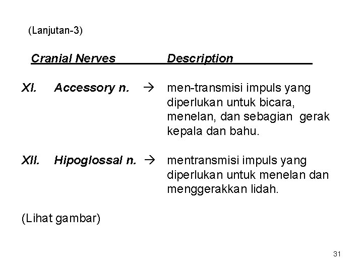 (Lanjutan-3) Cranial Nerves Description XI. Accessory n. XII. Hipoglossal n. mentransmisi impuls yang diperlukan