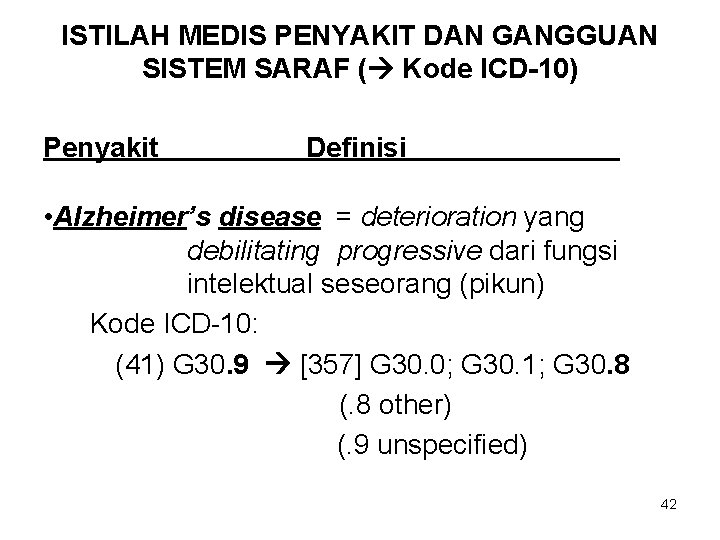 ISTILAH MEDIS PENYAKIT DAN GANGGUAN SISTEM SARAF ( Kode ICD-10) Penyakit Definisi • Alzheimer’s