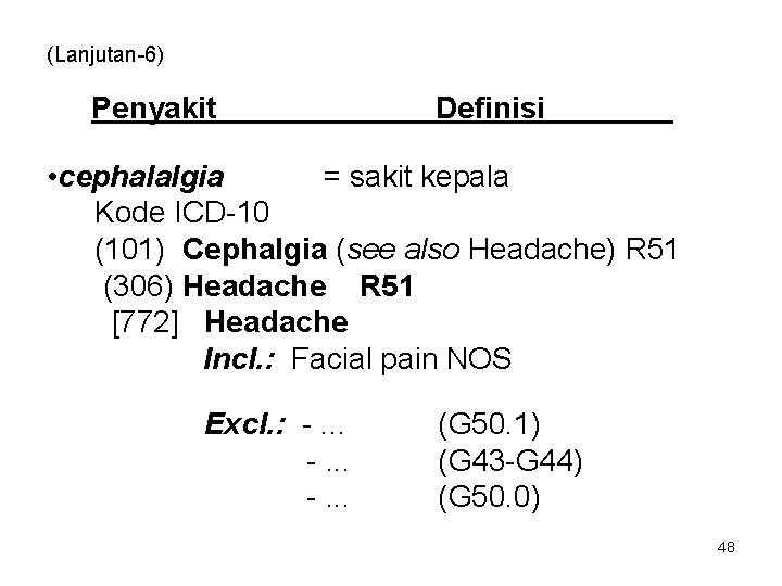 (Lanjutan-6) Penyakit Definisi • cephalalgia = sakit kepala Kode ICD-10 (101) Cephalgia (see also