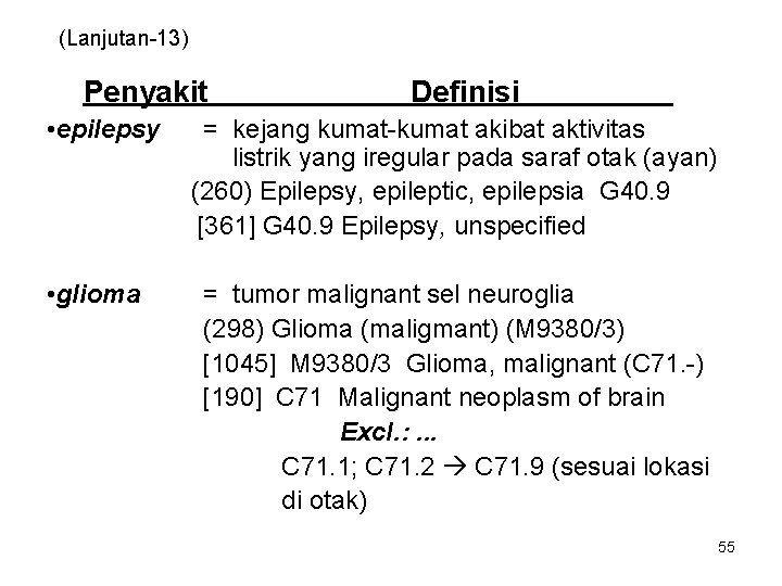 (Lanjutan-13) Penyakit • epilepsy • glioma Definisi = kejang kumat-kumat akibat aktivitas listrik yang