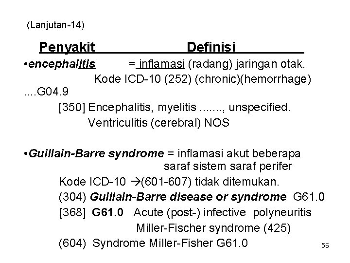(Lanjutan-14) Penyakit Definisi • encephalitis = inflamasi (radang) jaringan otak. Kode ICD-10 (252) (chronic)(hemorrhage).
