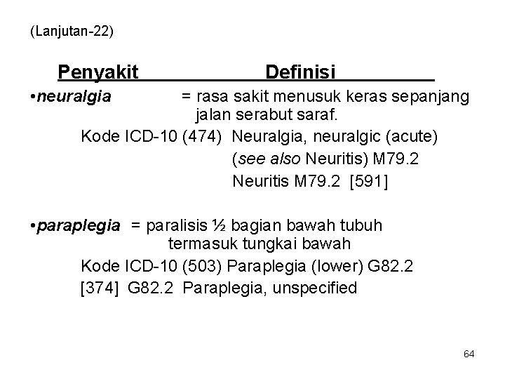 (Lanjutan-22) Penyakit Definisi • neuralgia = rasa sakit menusuk keras sepanjang jalan serabut saraf.