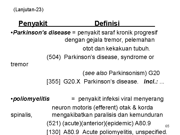 (Lanjutan-23) Penyakit Definisi • Parkinson’s disease = penyakit saraf kronik progresif dengan gejala tremor,