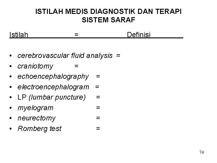 ISTILAH MEDIS DIAGNOSTIK DAN TERAPI SISTEM SARAF Istilah • • = Definisi cerebrovascular fluid