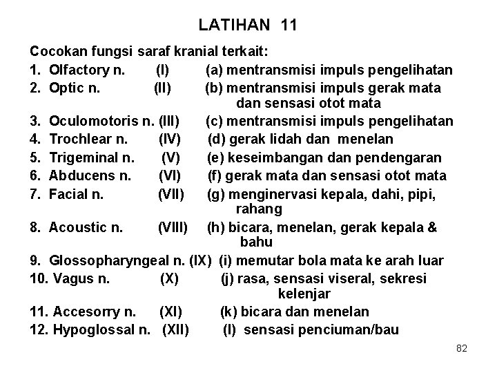 LATIHAN 11 Cocokan fungsi saraf kranial terkait: 1. Olfactory n. (I) (a) mentransmisi impuls