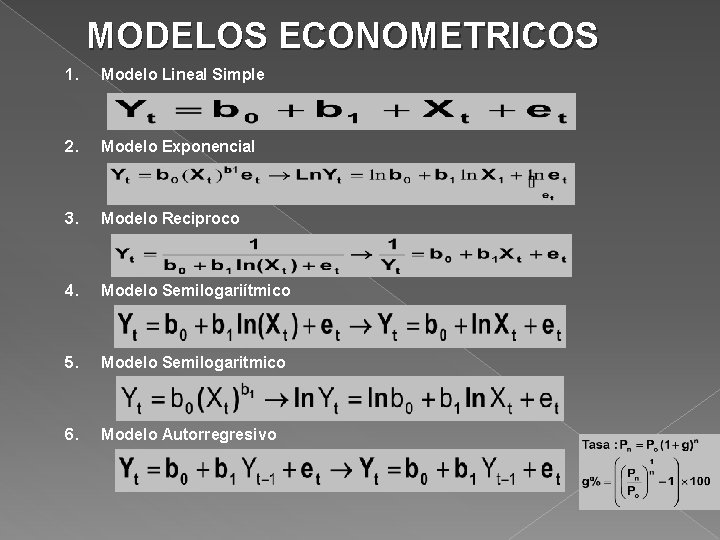 MODELOS ECONOMETRICOS 1. Modelo Lineal Simple 2. Modelo Exponencial 3. Modelo Reciproco 4. Modelo