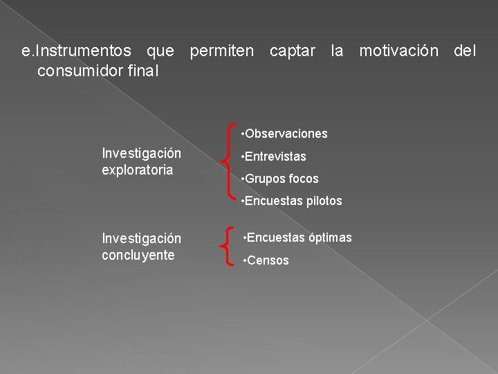 e. Instrumentos que permiten captar la motivación del consumidor final • Observaciones Investigación exploratoria