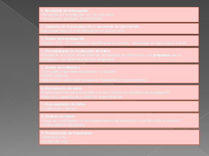 1. Necesidad de información • Requerida por la institución: inv. De mercadeo • Necesidades