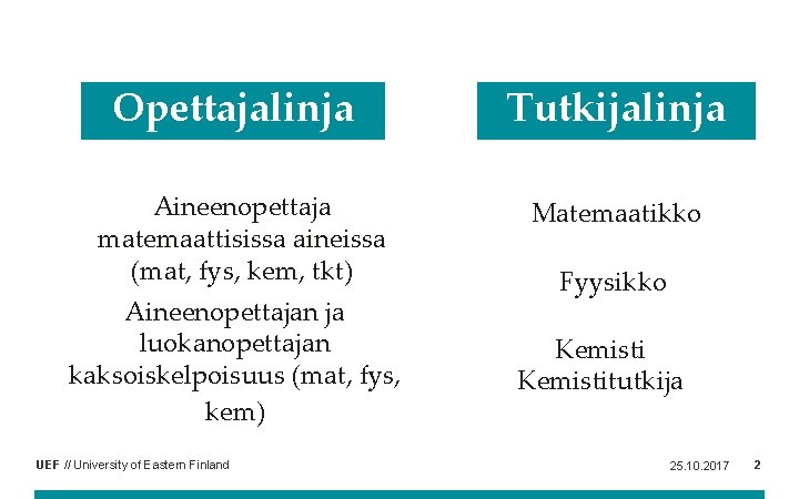 Opettajalinja Aineenopettaja matemaattisissa aineissa (mat, fys, kem, tkt) Aineenopettajan ja luokanopettajan kaksoiskelpoisuus (mat, fys,