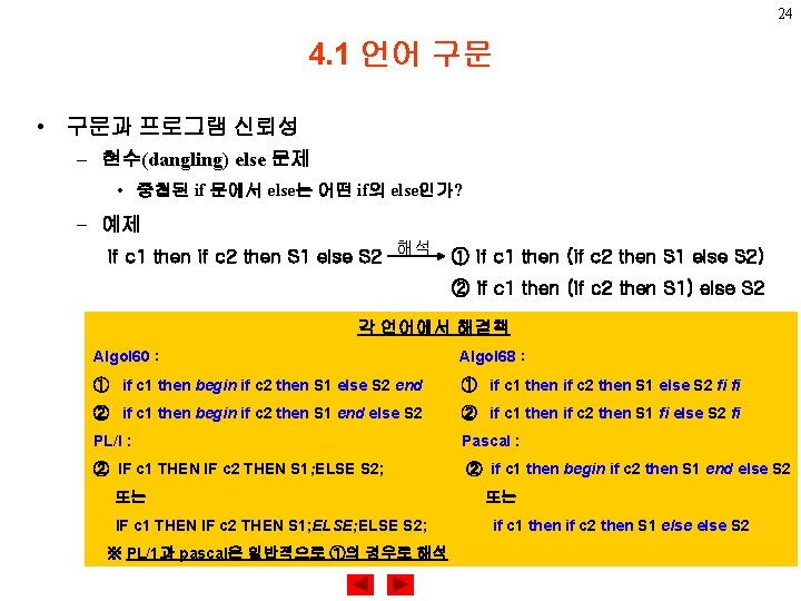 24 4. 1 언어 구문 • 구문과 프로그램 신뢰성 – 현수(dangling) else 문제 •