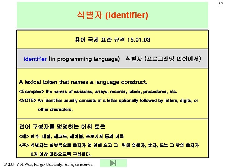 39 식별자 (identifier) 용어 국제 표준 규격 15. 01. 03 identifier (in programming language)