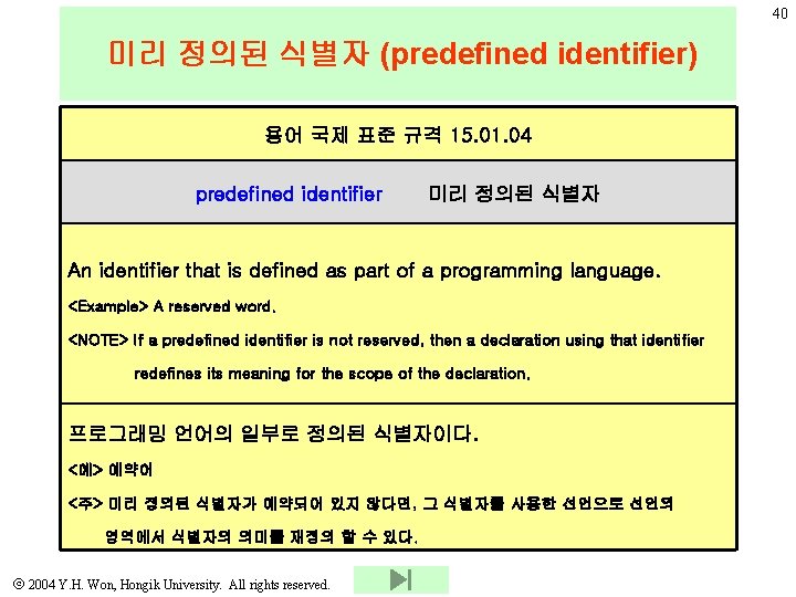 40 미리 정의된 식별자 (predefined identifier) 용어 국제 표준 규격 15. 01. 04 predefined