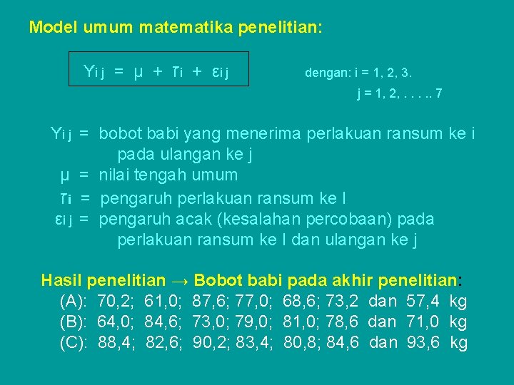 Model umum matematika penelitian: Y i j = μ + ז i + ε