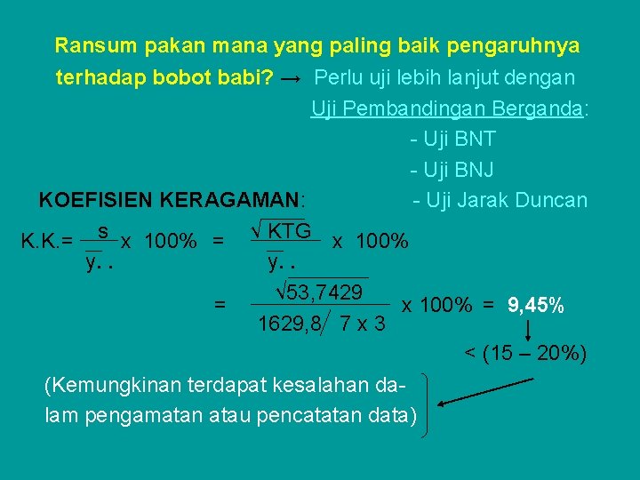 Ransum pakan mana yang paling baik pengaruhnya terhadap bobot babi? → Perlu uji lebih Ransum pakan mana yang paling baik pengaruhnya terhadap bobot babi? → Perlu uji lebih
