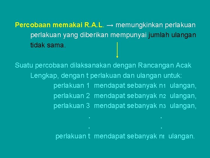 Percobaan memakai R. A. L. → memungkinkan perlakuan yang diberikan mempunyai jumlah ulangan tidak