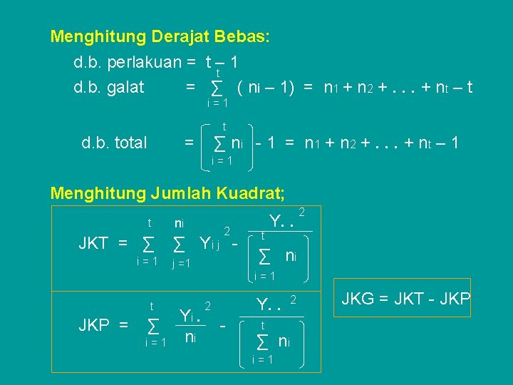 Menghitung Derajat Bebas: d. b. perlakuan = t – 1 t d. b. galat