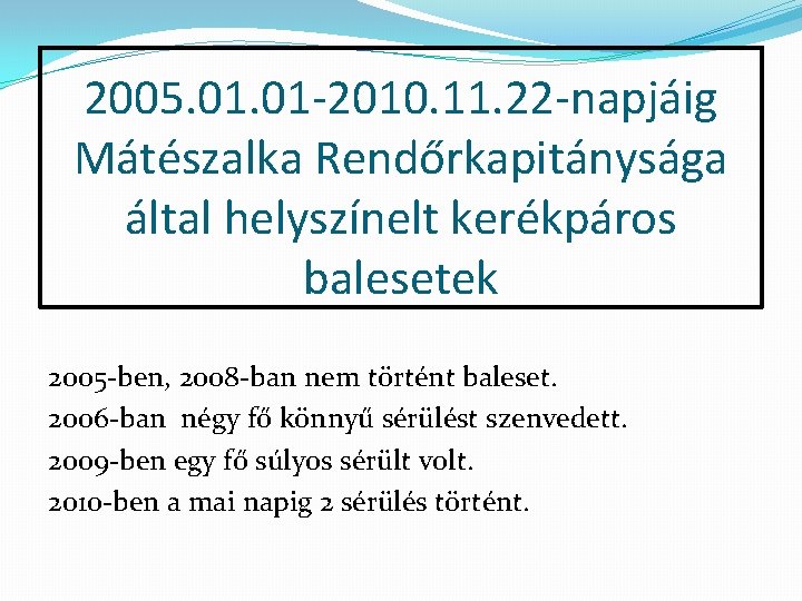 2005. 01 -2010. 11. 22 -napjáig Mátészalka Rendőrkapitánysága által helyszínelt kerékpáros balesetek 2005 -ben,