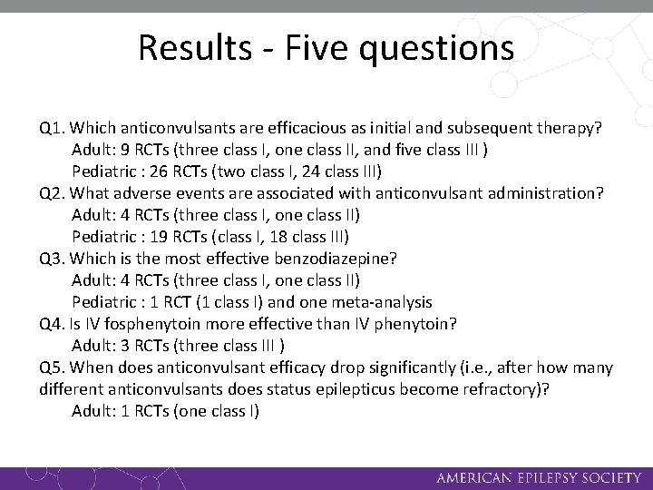 Results - Five questions Q 1. Which anticonvulsants are efficacious as initial and subsequent