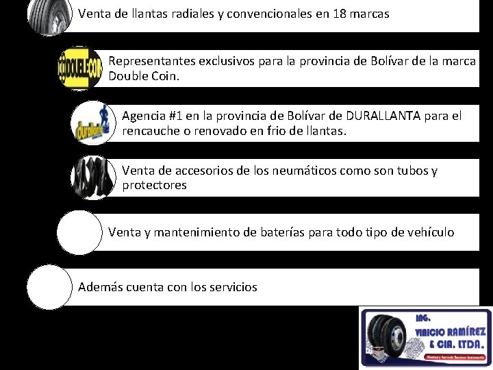 Venta de llantas radiales y convencionales en 18 marcas Representantes exclusivos para la provincia Venta de llantas radiales y convencionales en 18 marcas Representantes exclusivos para la provincia