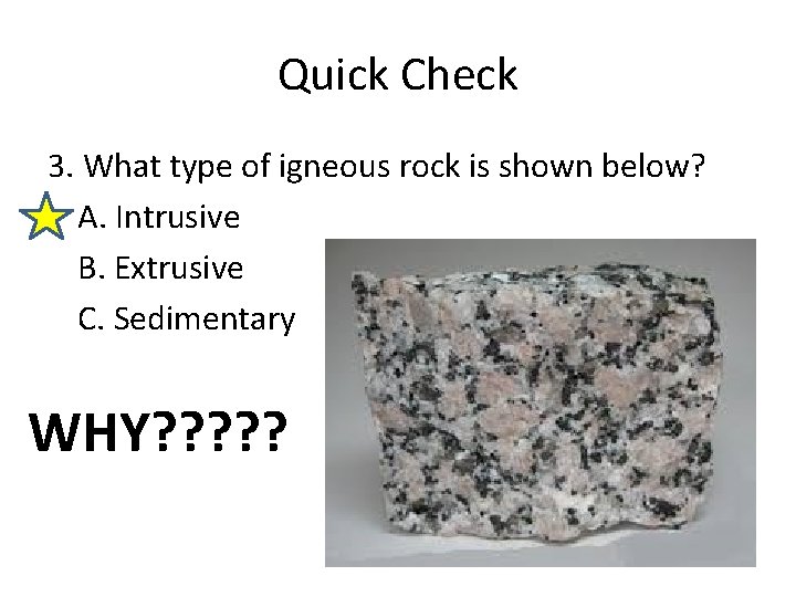 Quick Check 3. What type of igneous rock is shown below? A. Intrusive B.