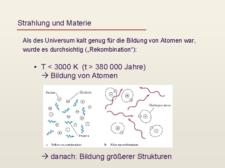 Strahlung und Materie Als des Universum kalt genug für die Bildung von Atomen war,