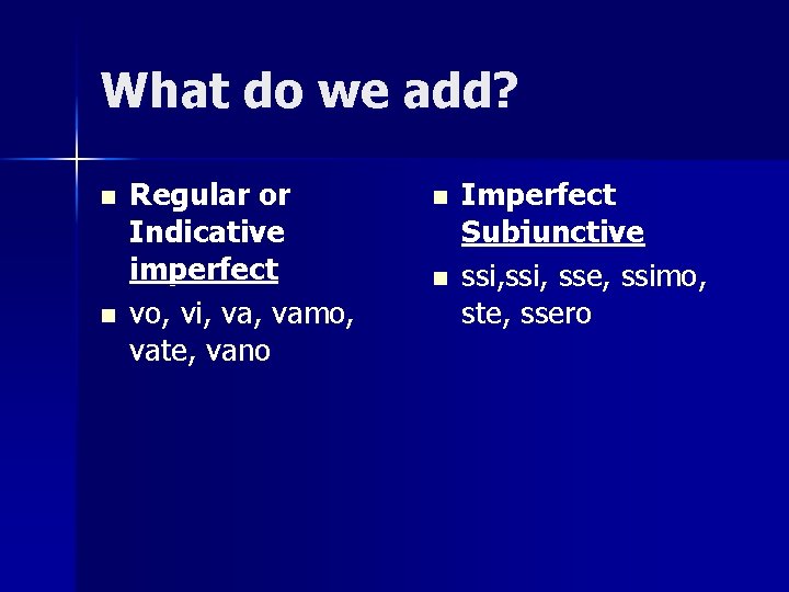 What do we add? n n Regular or Indicative imperfect vo, vi, vamo, vate,
