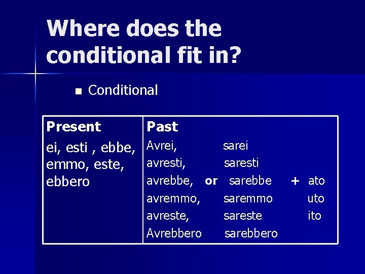 Where does the conditional fit in? n Conditional Present ei, esti , ebbe, emmo,