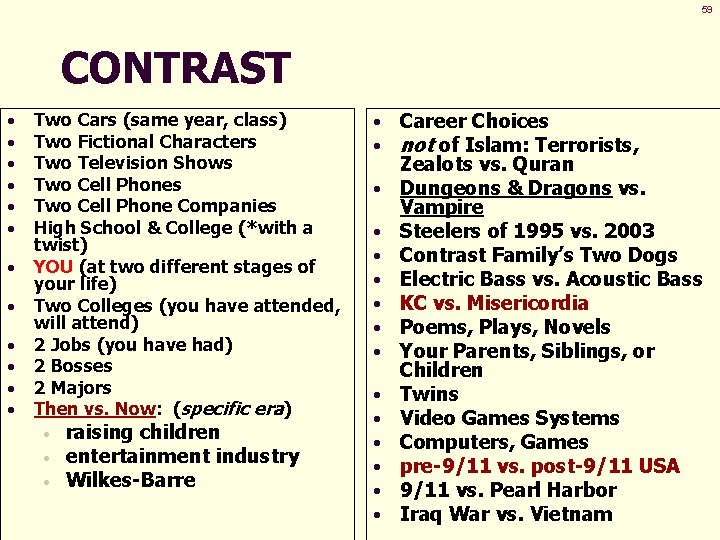 59 CONTRAST • • • Two Cars (same year, class) Two Fictional Characters Two