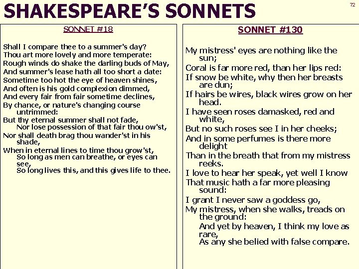 SHAKESPEARE’S SONNETS 72 SONNET #18 SONNET #130 Shall I compare thee to a summer's