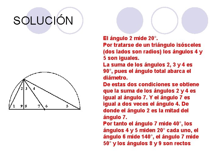 SOLUCIÓN El ángulo 2 mide 20°. Por tratarse de un triángulo isósceles (dos lados SOLUCIÓN El ángulo 2 mide 20°. Por tratarse de un triángulo isósceles (dos lados
