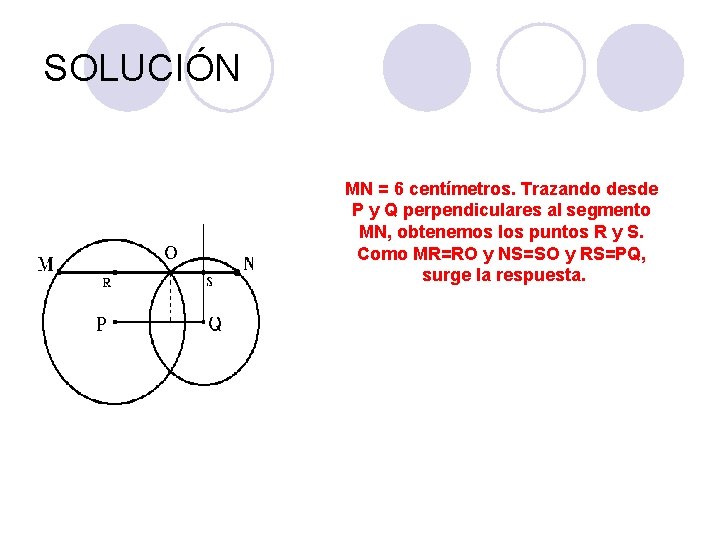 SOLUCIÓN MN = 6 centímetros. Trazando desde P y Q perpendiculares al segmento MN, SOLUCIÓN MN = 6 centímetros. Trazando desde P y Q perpendiculares al segmento MN,