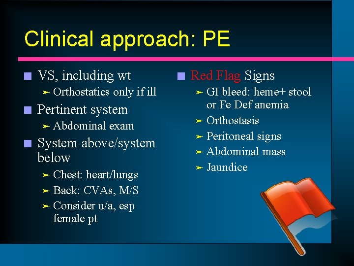 Clinical approach: PE n VS, including wt ä n Pertinent system ä n Orthostatics
