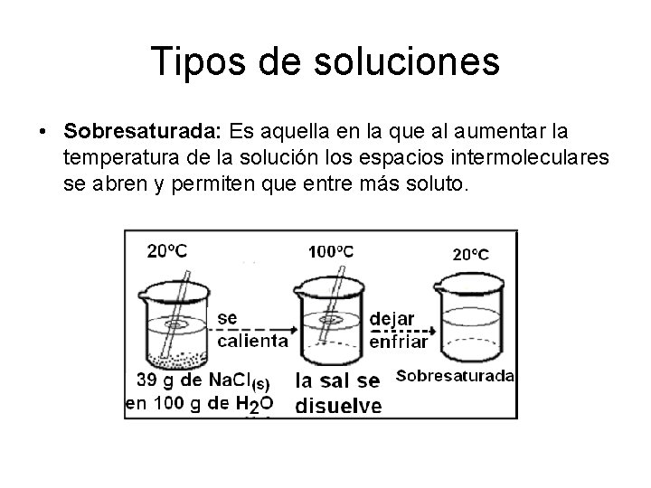 Tipos de soluciones • Sobresaturada: Es aquella en la que al aumentar la temperatura