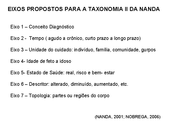 EIXOS PROPOSTOS PARA A TAXONOMIA II DA NANDA Eixo 1 – Conceito Diagnóstico Eixo