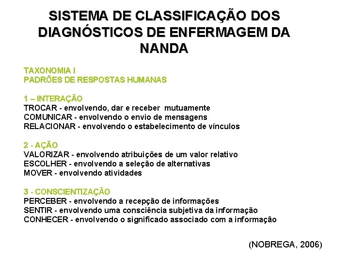 SISTEMA DE CLASSIFICAÇÃO DOS DIAGNÓSTICOS DE ENFERMAGEM DA NANDA TAXONOMIA I PADRÕES DE RESPOSTAS