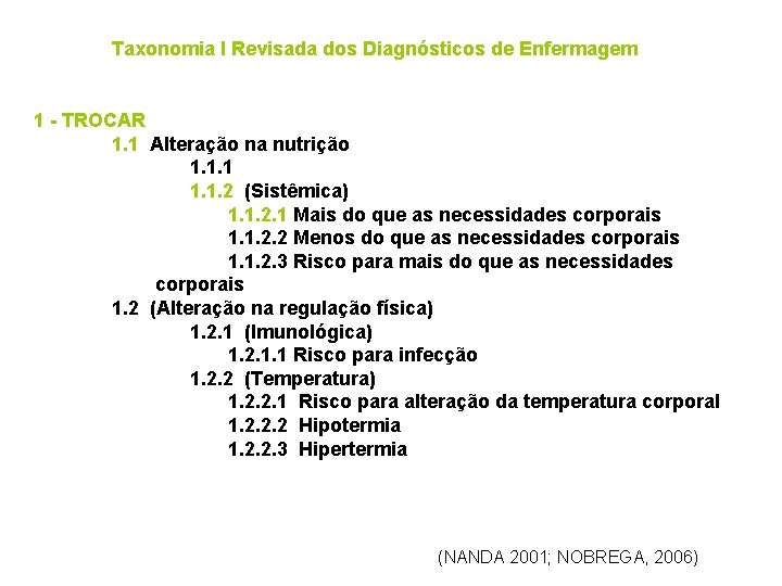 Taxonomia I Revisada dos Diagnósticos de Enfermagem 1 - TROCAR 1. 1 Alteração na