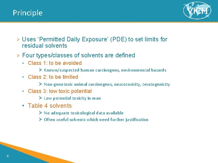 Principle > Uses ‘Permitted Daily Exposure’ (PDE) to set limits for residual solvents >