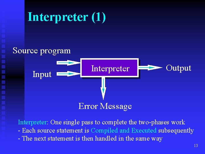 Interpreter (1) Source program Input Interpreter Output Error Message Interpreter: One single pass to