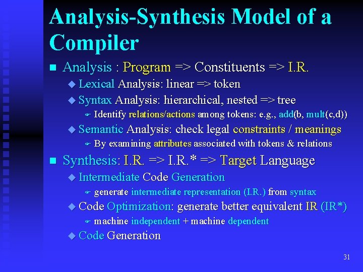 Analysis-Synthesis Model of a Compiler n Analysis : Program => Constituents => I. R.