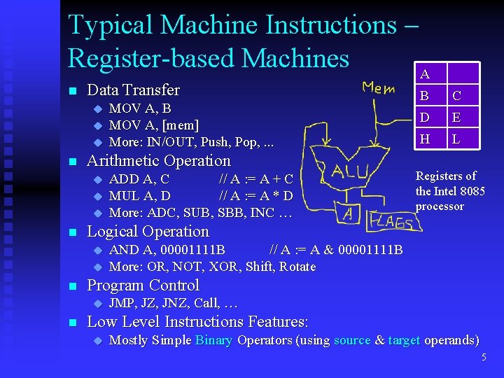 Typical Machine Instructions – Register-based Machines A n Data Transfer u u u n