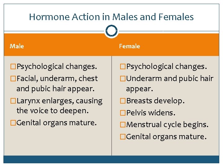 Hormone Action in Males and Females Male Female �Psychological changes. �Facial, underarm, chest �Underarm