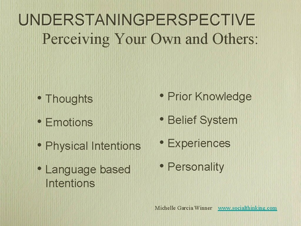 UNDERSTANINGPERSPECTIVE Perceiving Your Own and Others: • Thoughts • Prior Knowledge • Emotions • UNDERSTANINGPERSPECTIVE Perceiving Your Own and Others: • Thoughts • Prior Knowledge • Emotions •