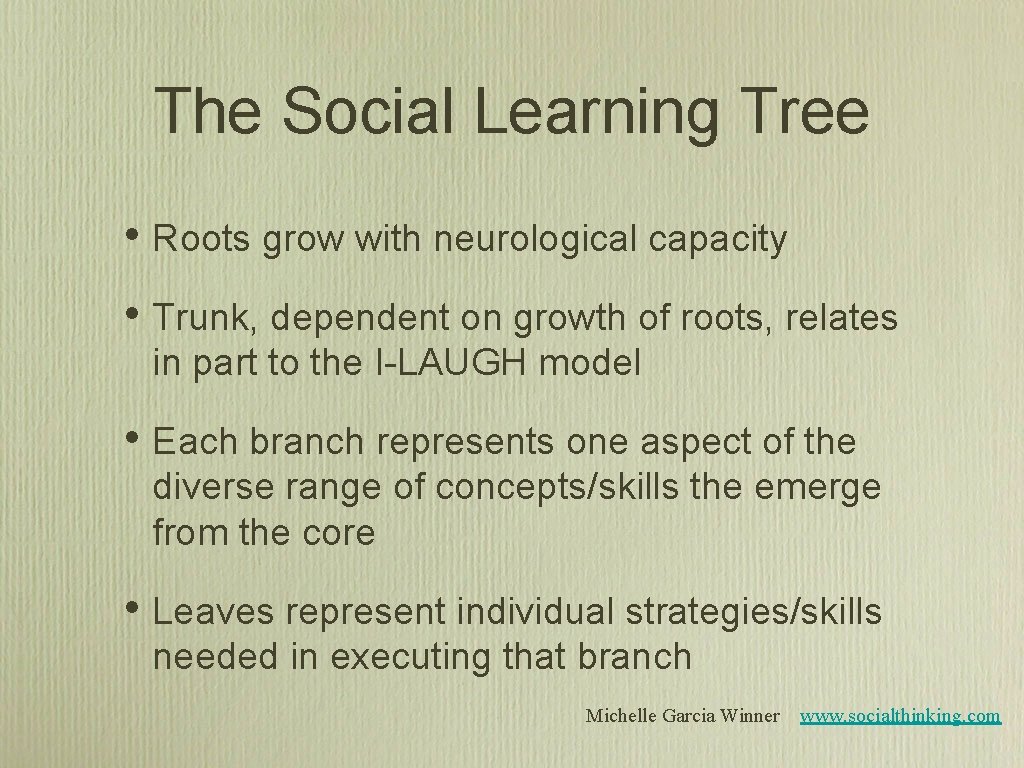 The Social Learning Tree • Roots grow with neurological capacity • Trunk, dependent on The Social Learning Tree • Roots grow with neurological capacity • Trunk, dependent on